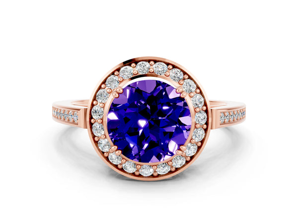 Rose gold Round Cut Tanzanite Halo Ring with Split Shank and Four-Prong Setting