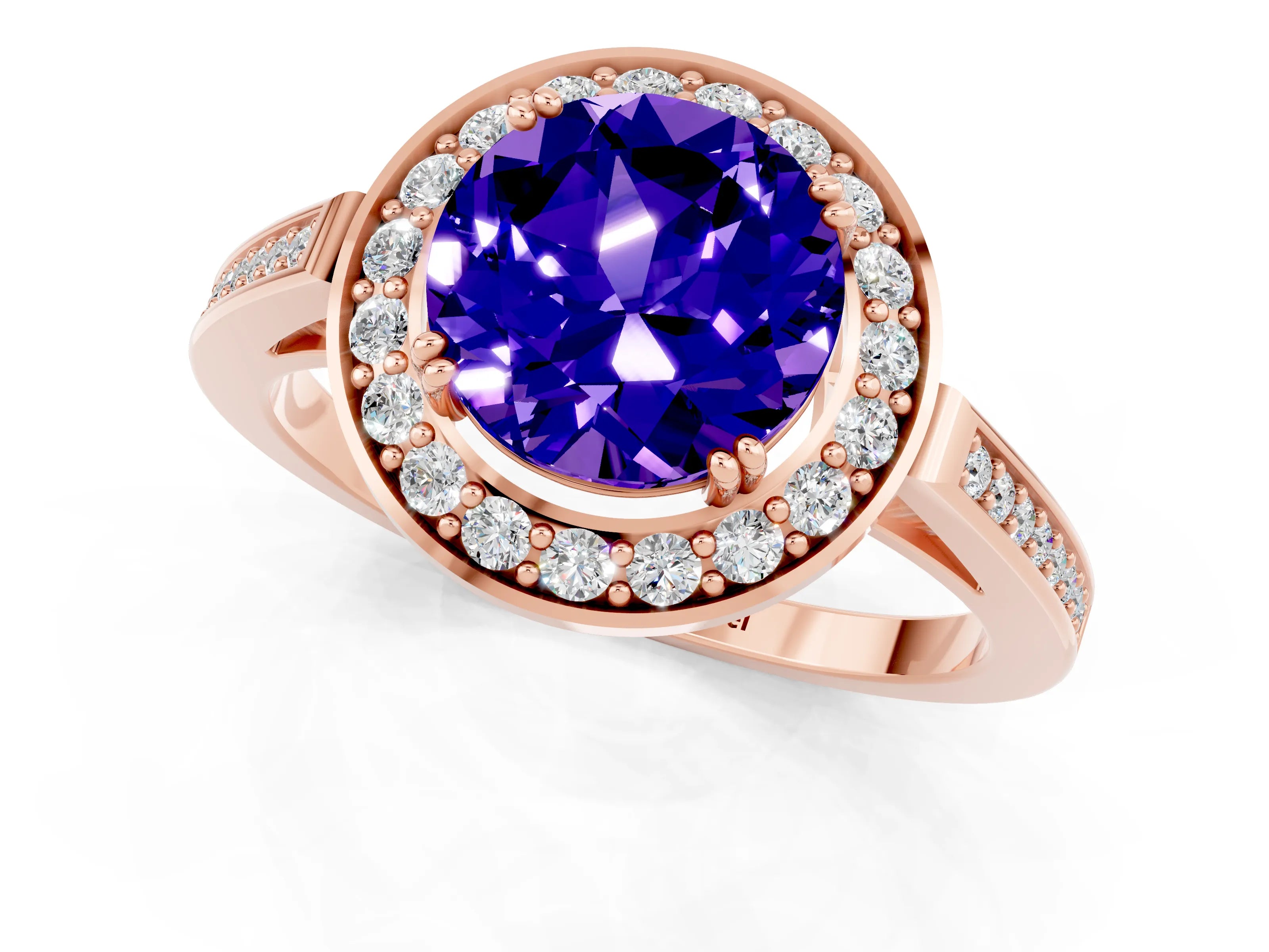 Rose gold Round Cut Tanzanite Halo Ring with Split Shank and Four-Prong Setting_1