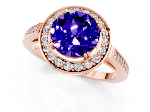 Rose gold Round Cut Tanzanite Halo Ring with Split Shank and Four-Prong Setting