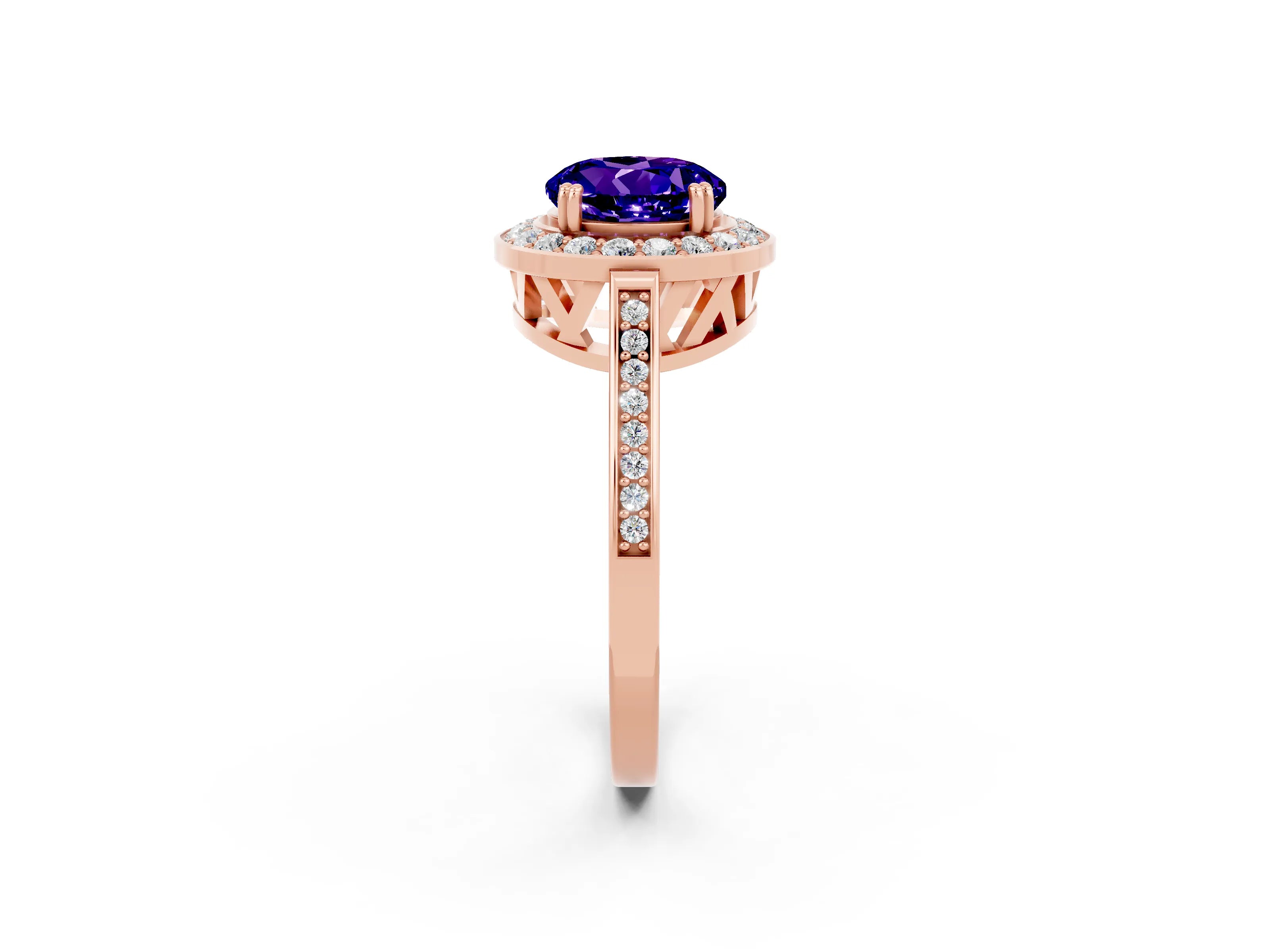 Rose gold Round Cut Tanzanite Halo Ring with Split Shank and Four-Prong Setting_2