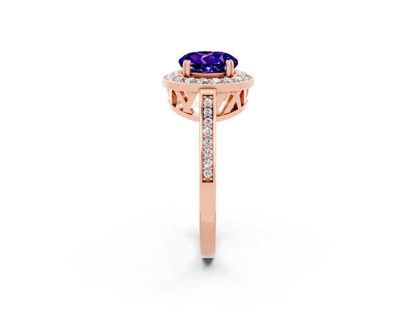 Rose gold Round Cut Tanzanite Halo Ring with Split Shank and Four-Prong Setting