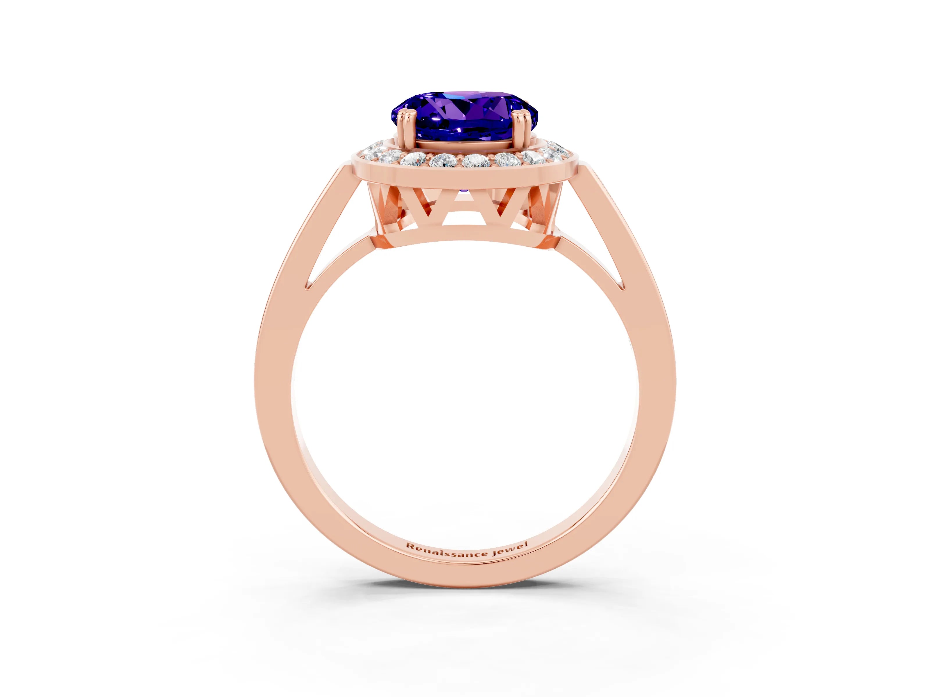 Rose gold Round Cut Tanzanite Halo Ring with Split Shank and Four-Prong Setting_3