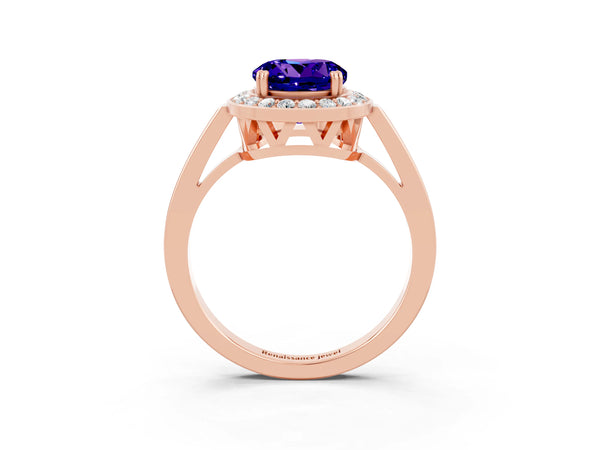 Rose gold Round Cut Tanzanite Halo Ring with Split Shank and Four-Prong Setting
