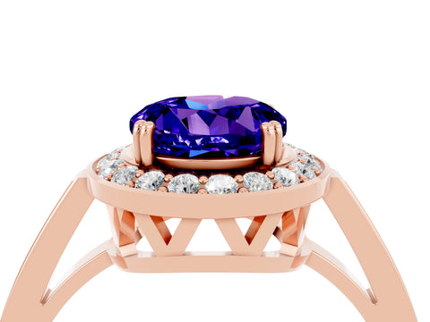 Rose gold Round Cut Tanzanite Halo Ring with Split Shank and Four-Prong Setting_4