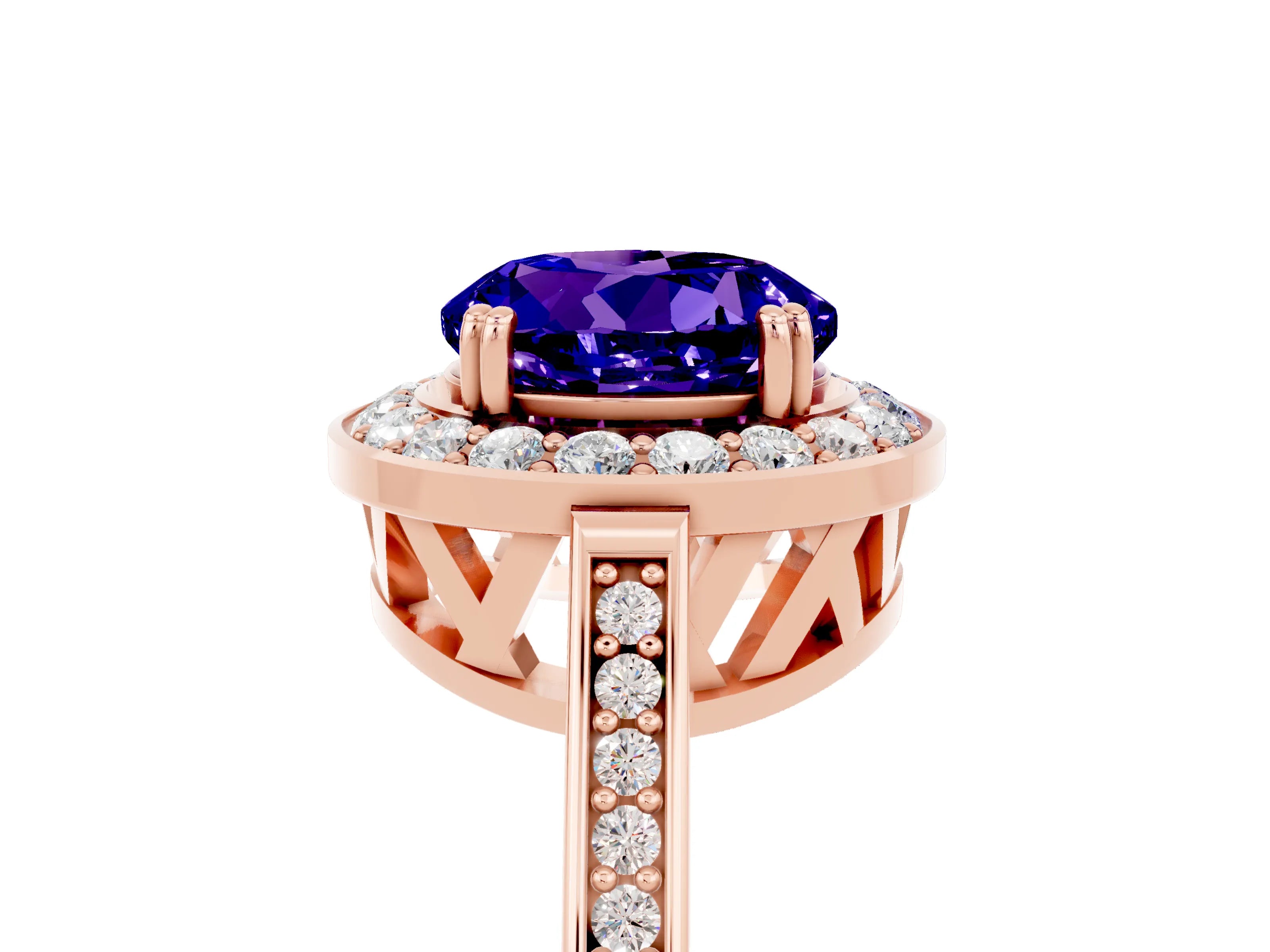 Rose gold Round Cut Tanzanite Halo Ring with Split Shank and Four-Prong Setting_5