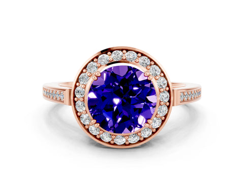 Rose gold Round Cut Tanzanite Halo Ring with Split Shank and Four-Prong Setting