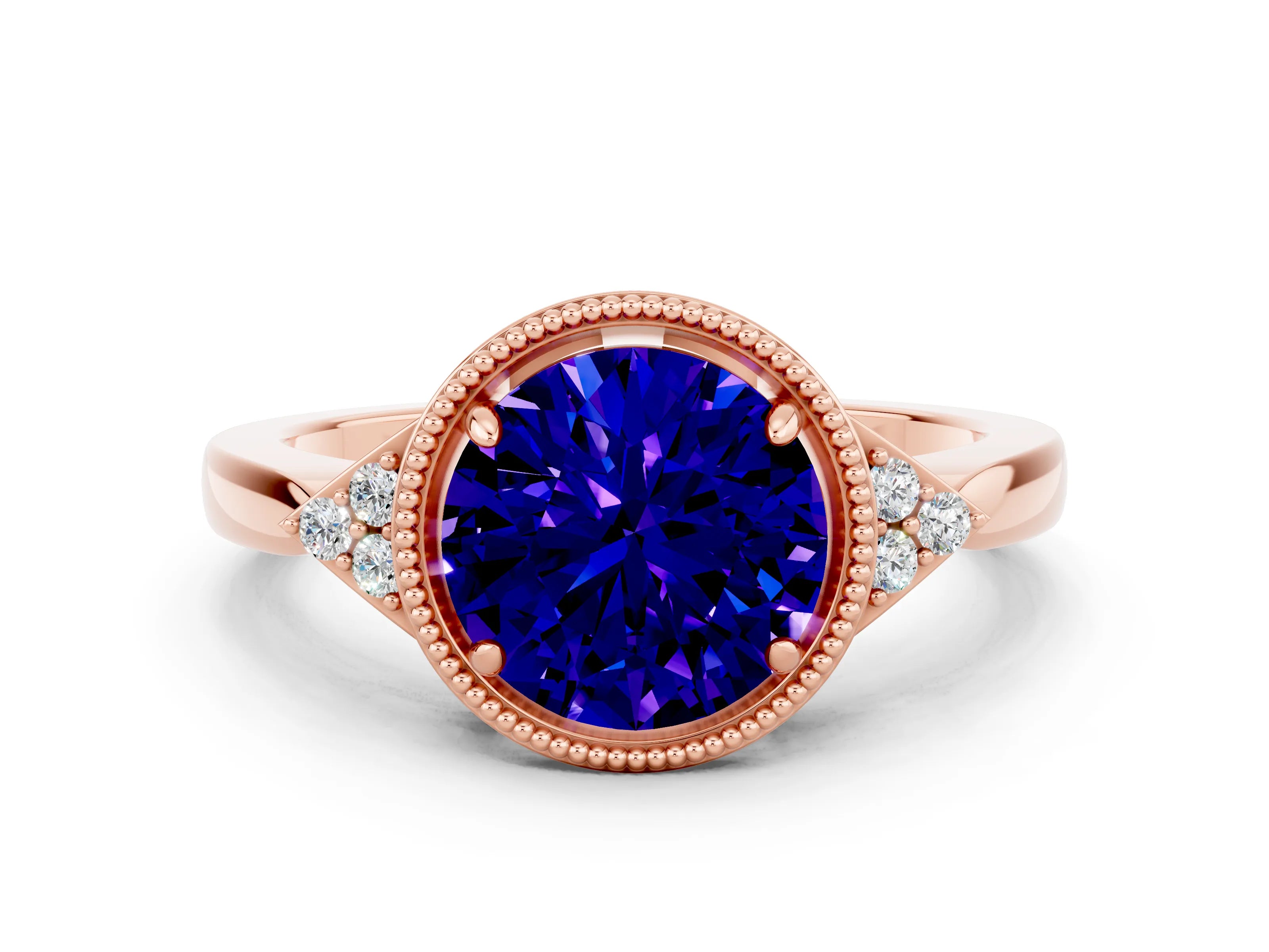 Rose gold Round Cut Tanzanite Halo Ring with Tapered Band and Four-Prong Setting