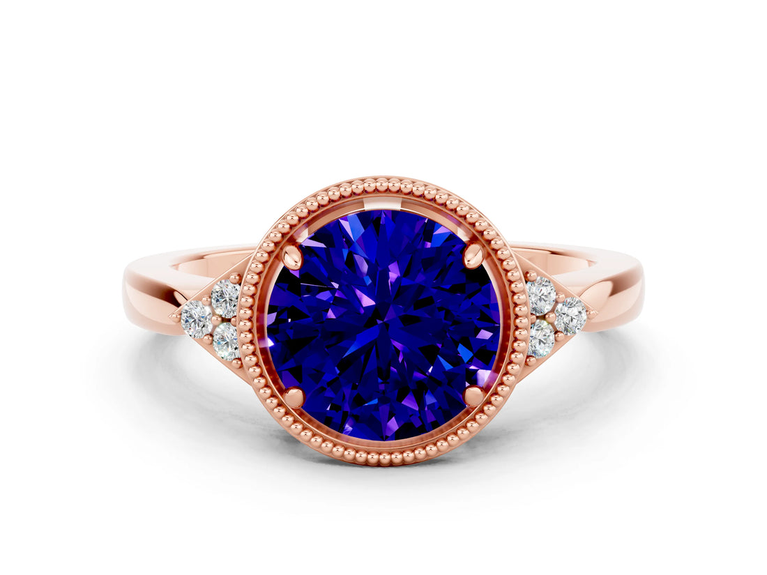 Rose gold Round Cut Tanzanite Halo Ring with Tapered Band and Four-Prong Setting