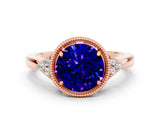 Rose gold Round Cut Tanzanite Halo Ring with Tapered Band and Four-Prong Setting