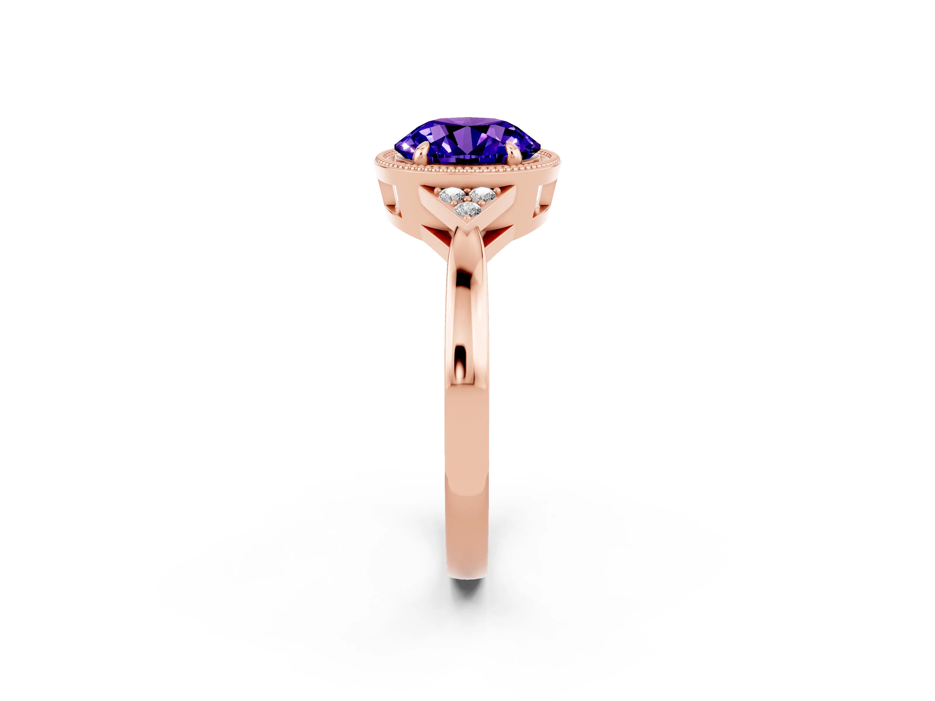 Rose gold Round Cut Tanzanite Halo Ring with Tapered Band and Four-Prong Setting_2
