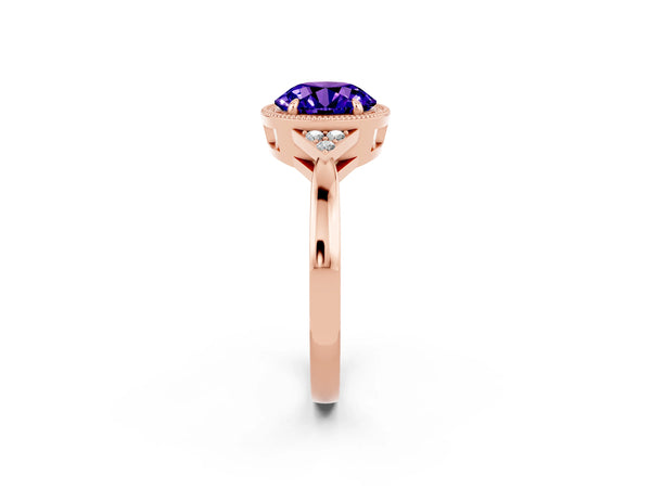 Rose gold Round Cut Tanzanite Halo Ring with Tapered Band and Four-Prong Setting