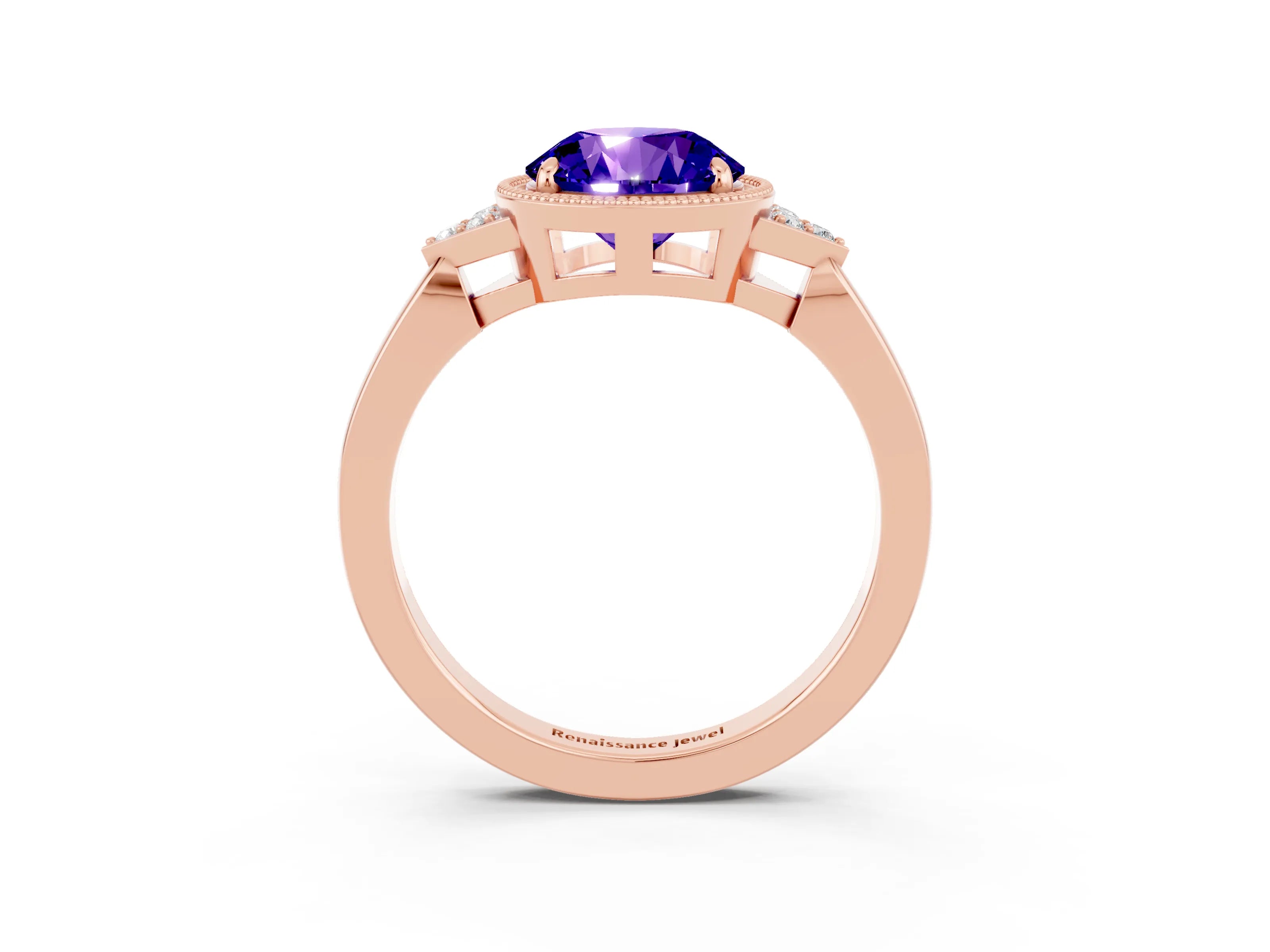 Rose gold Round Cut Tanzanite Halo Ring with Tapered Band and Four-Prong Setting_3