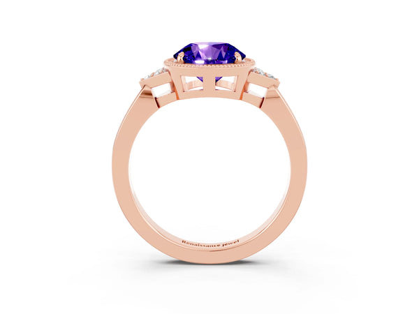 Rose gold Round Cut Tanzanite Halo Ring with Tapered Band and Four-Prong Setting