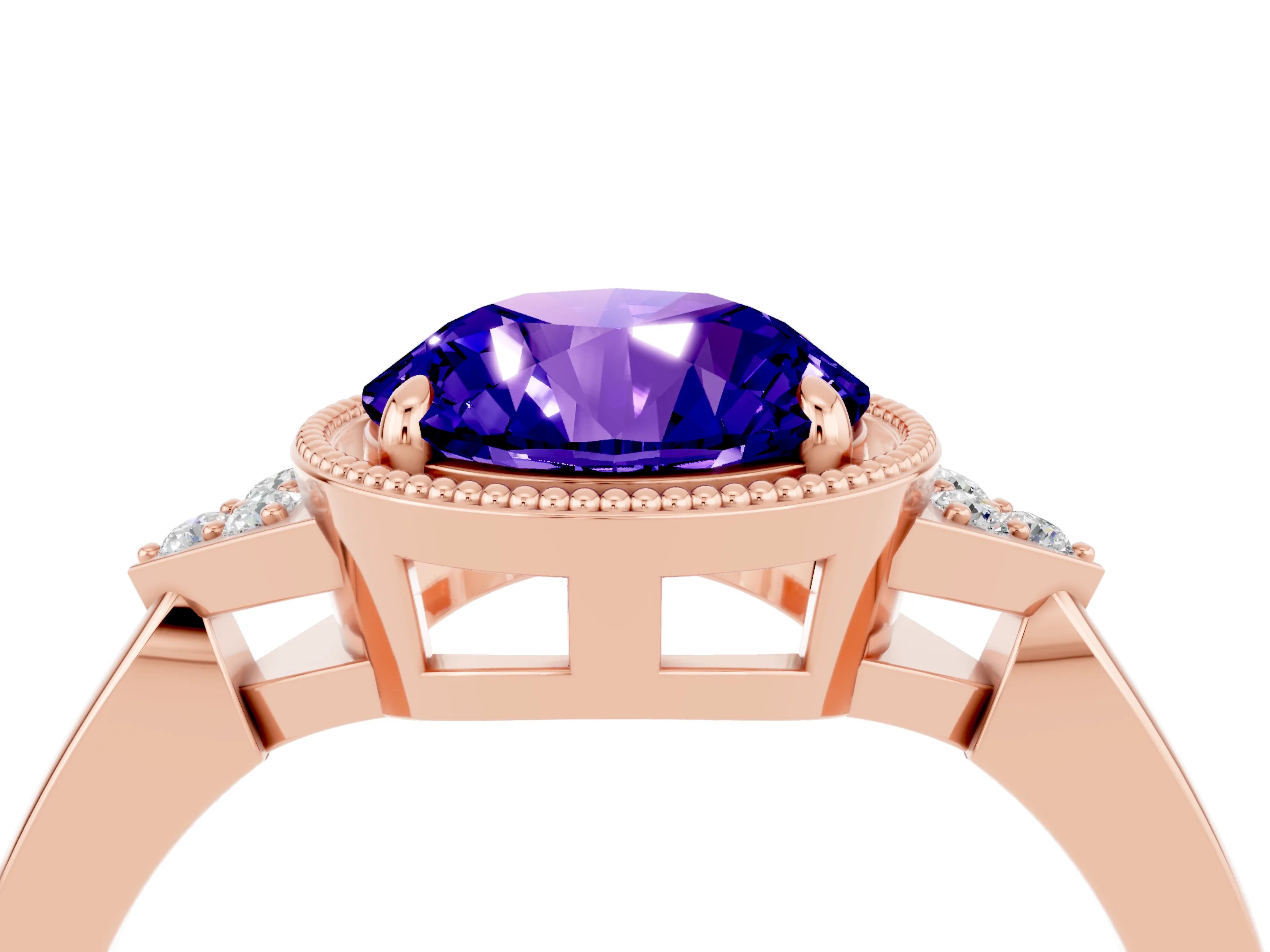 Rose gold Round Cut Tanzanite Halo Ring with Tapered Band and Four-Prong Setting_4