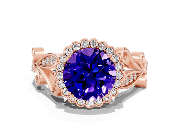 Rose gold Round Cut Tanzanite Halo Ring with Vintage Split Shank and Four-Prong Setting