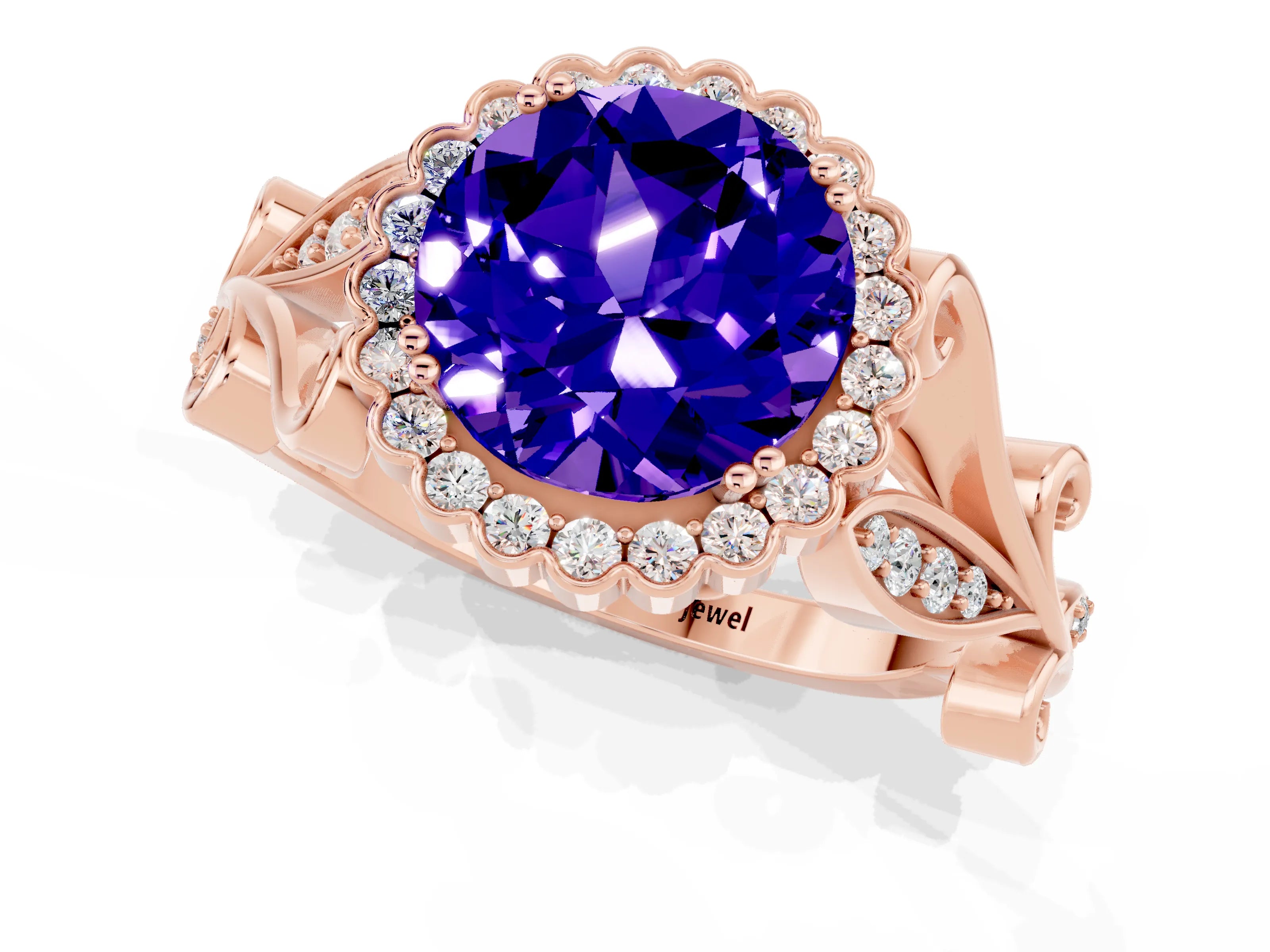 Rose gold Round Cut Tanzanite Halo Ring with Vintage Split Shank and Four-Prong Setting_1