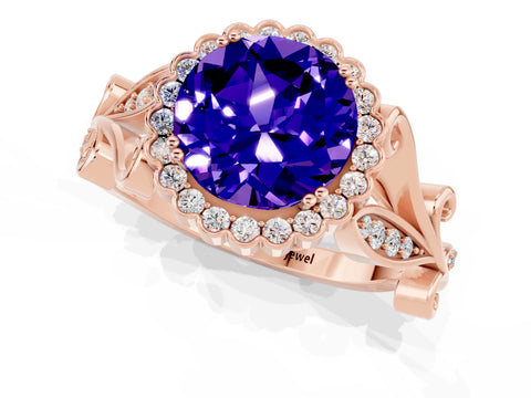 Rose gold Round Cut Tanzanite Halo Ring with Vintage Split Shank and Four-Prong Setting_1