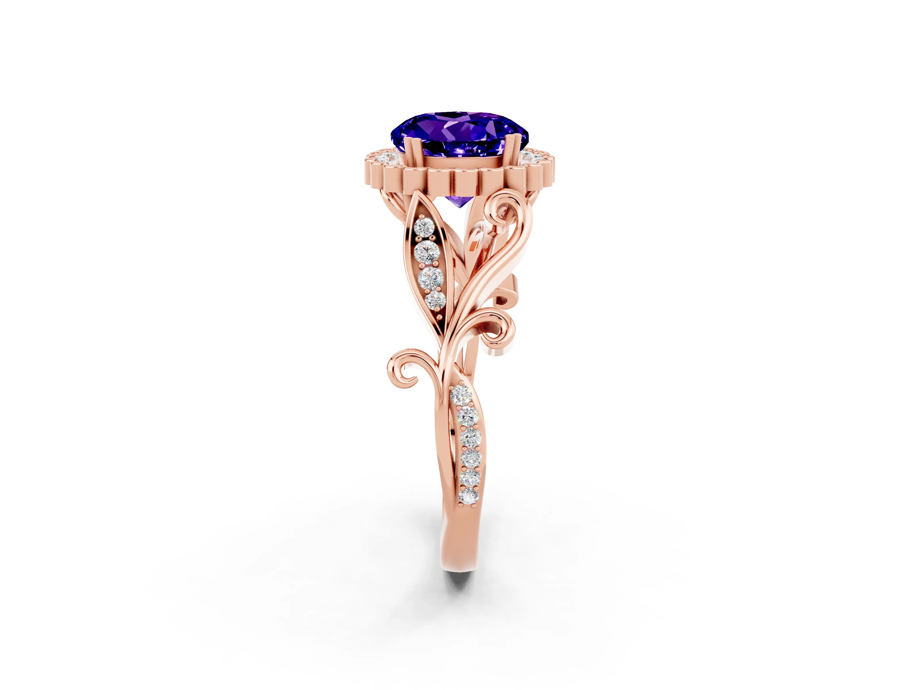 Rose gold Round Cut Tanzanite Halo Ring with Vintage Split Shank and Four-Prong Setting_2