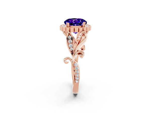 Rose gold Round Cut Tanzanite Halo Ring with Vintage Split Shank and Four-Prong Setting