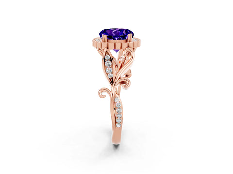 Rose gold Round Cut Tanzanite Halo Ring with Vintage Split Shank and Four-Prong Setting_2