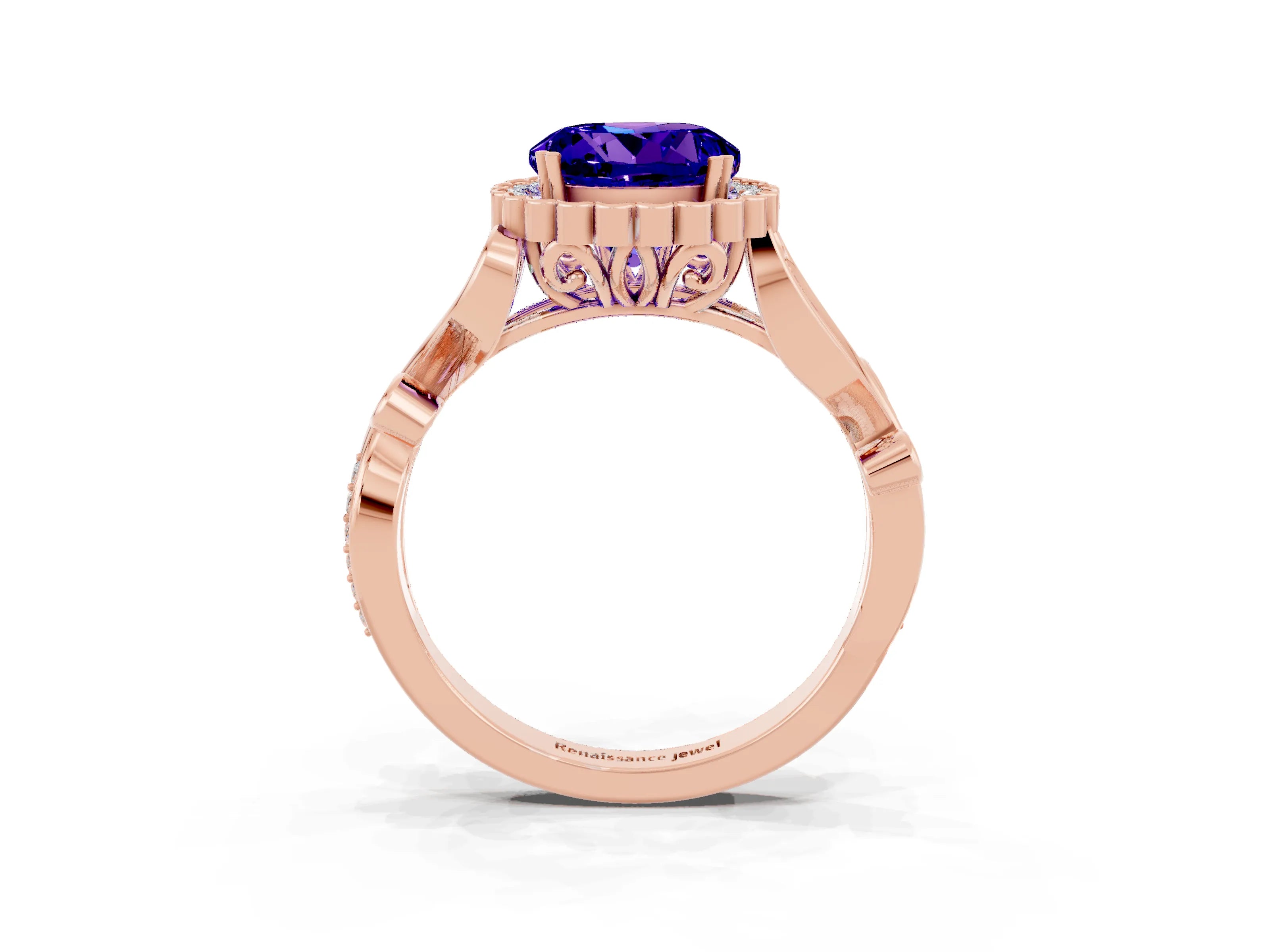 Rose gold Round Cut Tanzanite Halo Ring with Vintage Split Shank and Four-Prong Setting_3