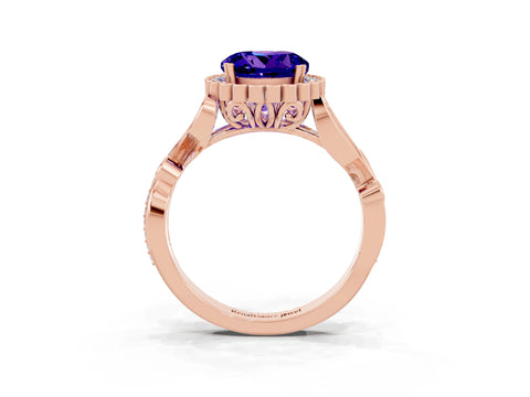 Rose gold Round Cut Tanzanite Halo Ring with Vintage Split Shank and Four-Prong Setting_3