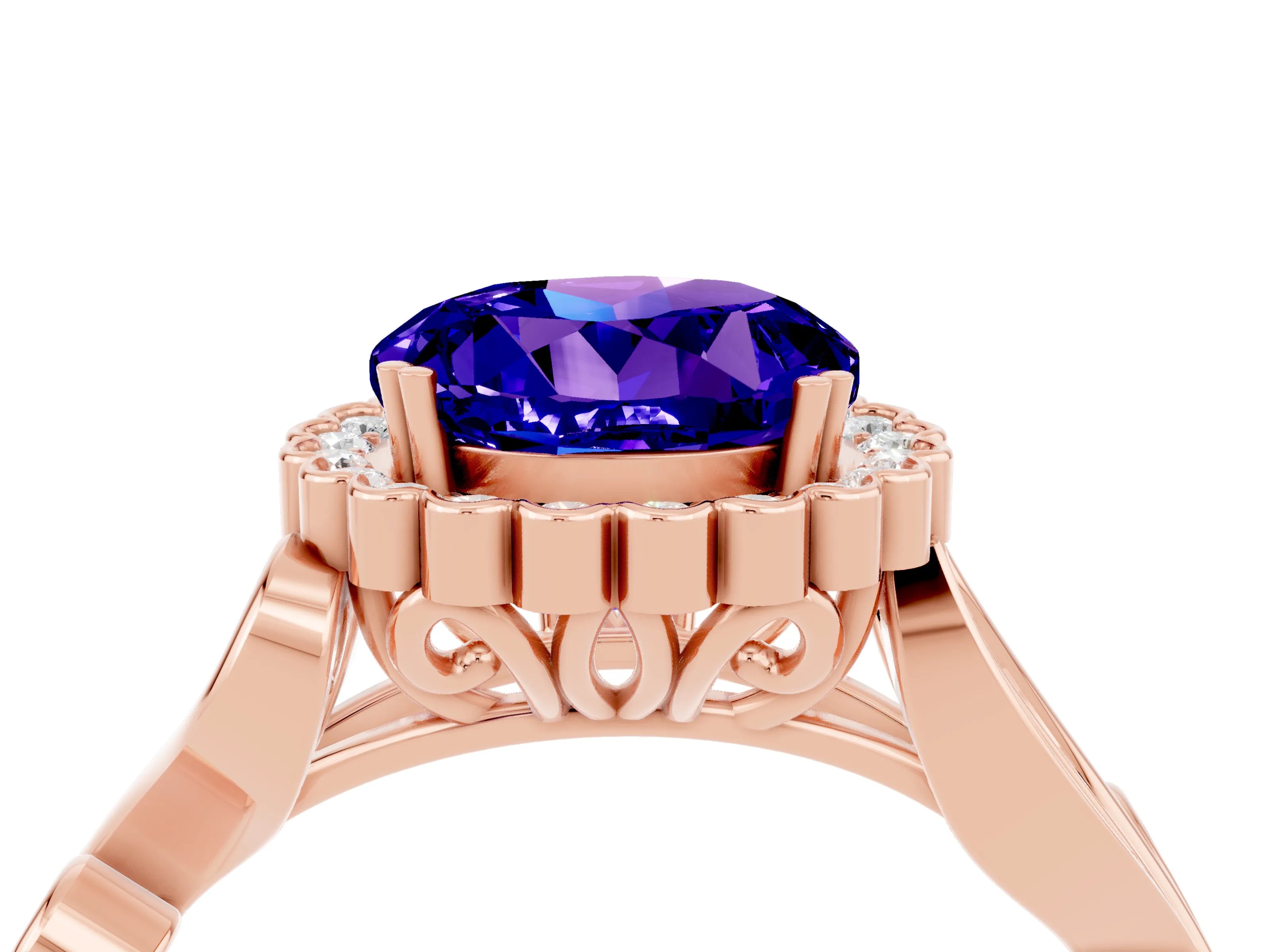 Rose gold Round Cut Tanzanite Halo Ring with Vintage Split Shank and Four-Prong Setting_4