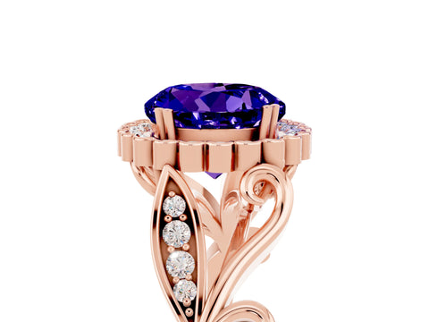 Rose gold Round Cut Tanzanite Halo Ring with Vintage Split Shank and Four-Prong Setting_5
