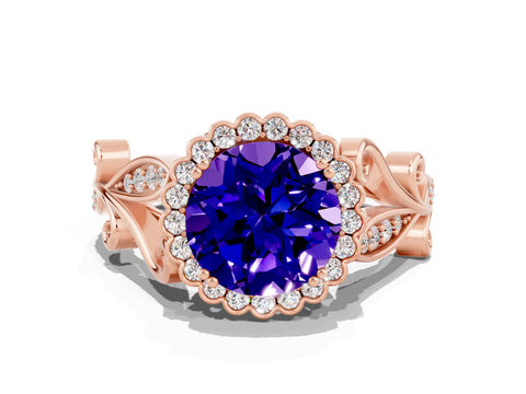 Rose gold Round Cut Tanzanite Halo Ring with Vintage Split Shank and Four-Prong Setting
