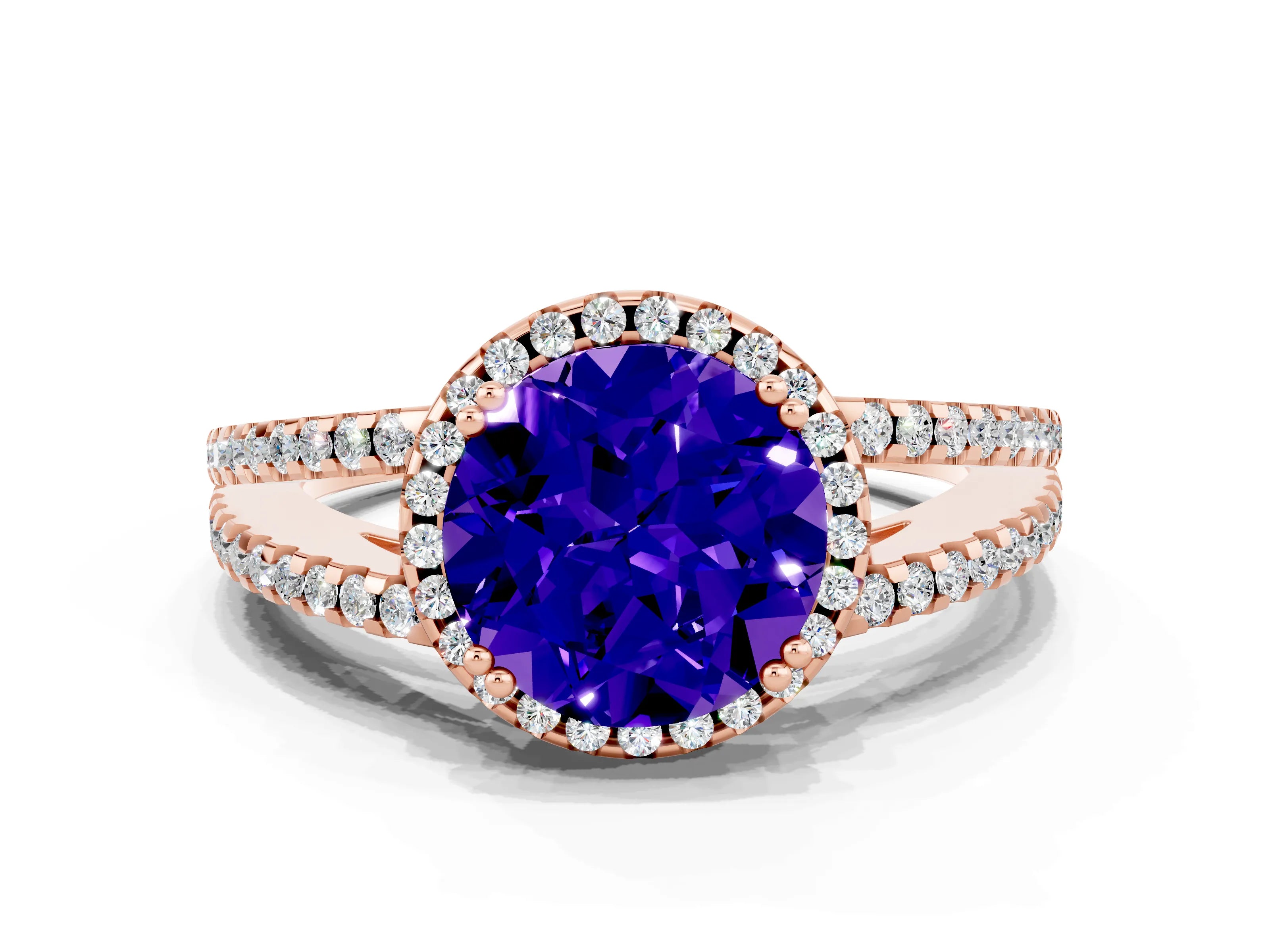 Rose gold Round Cut Tanzanite Halo Split Shank Engagement Ring_12