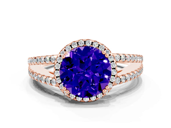 Rose gold Round Cut Tanzanite Halo Split Shank Engagement Ring