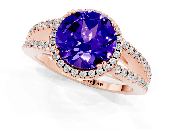 Rose gold Round Cut Tanzanite Halo Split Shank Engagement Ring