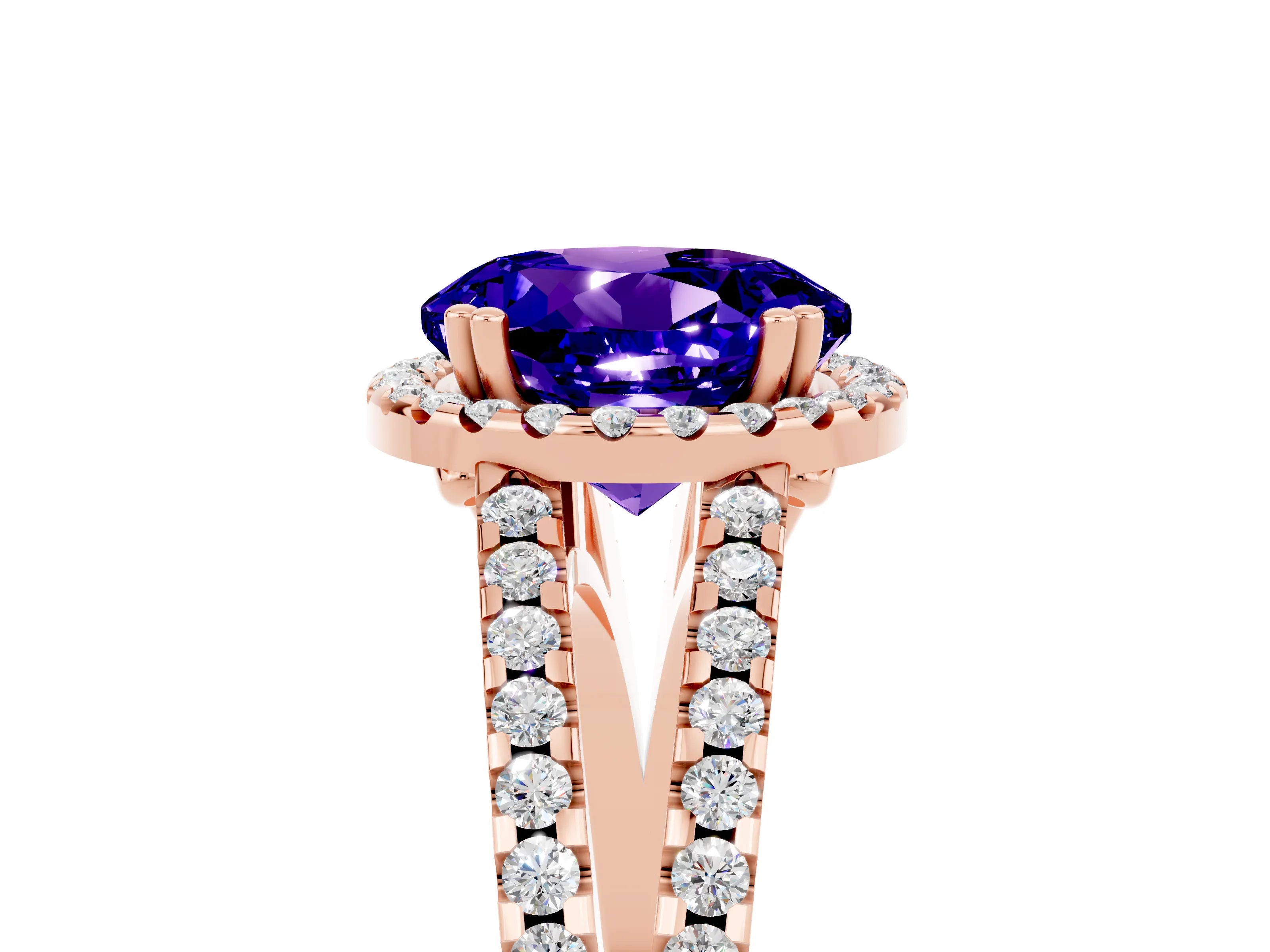 Rose gold Round Cut Tanzanite Halo Split Shank Engagement Ring_17