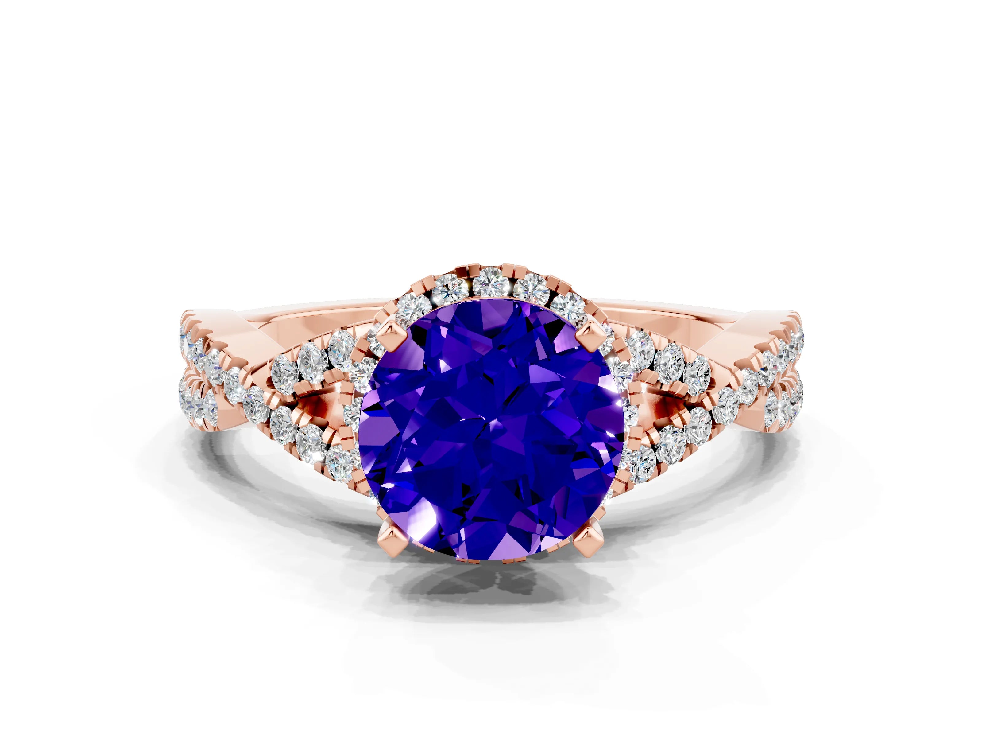Rose gold Round Cut Tanzanite Halo Twist Band Solitaire Prong Setting Ring