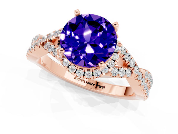 Rose gold Round Cut Tanzanite  Halo Twist Band Solitaire Prong Setting Ring