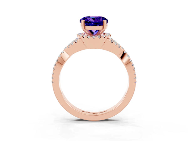 Rose gold Round Cut Tanzanite  Halo Twist Band Solitaire Prong Setting Ring