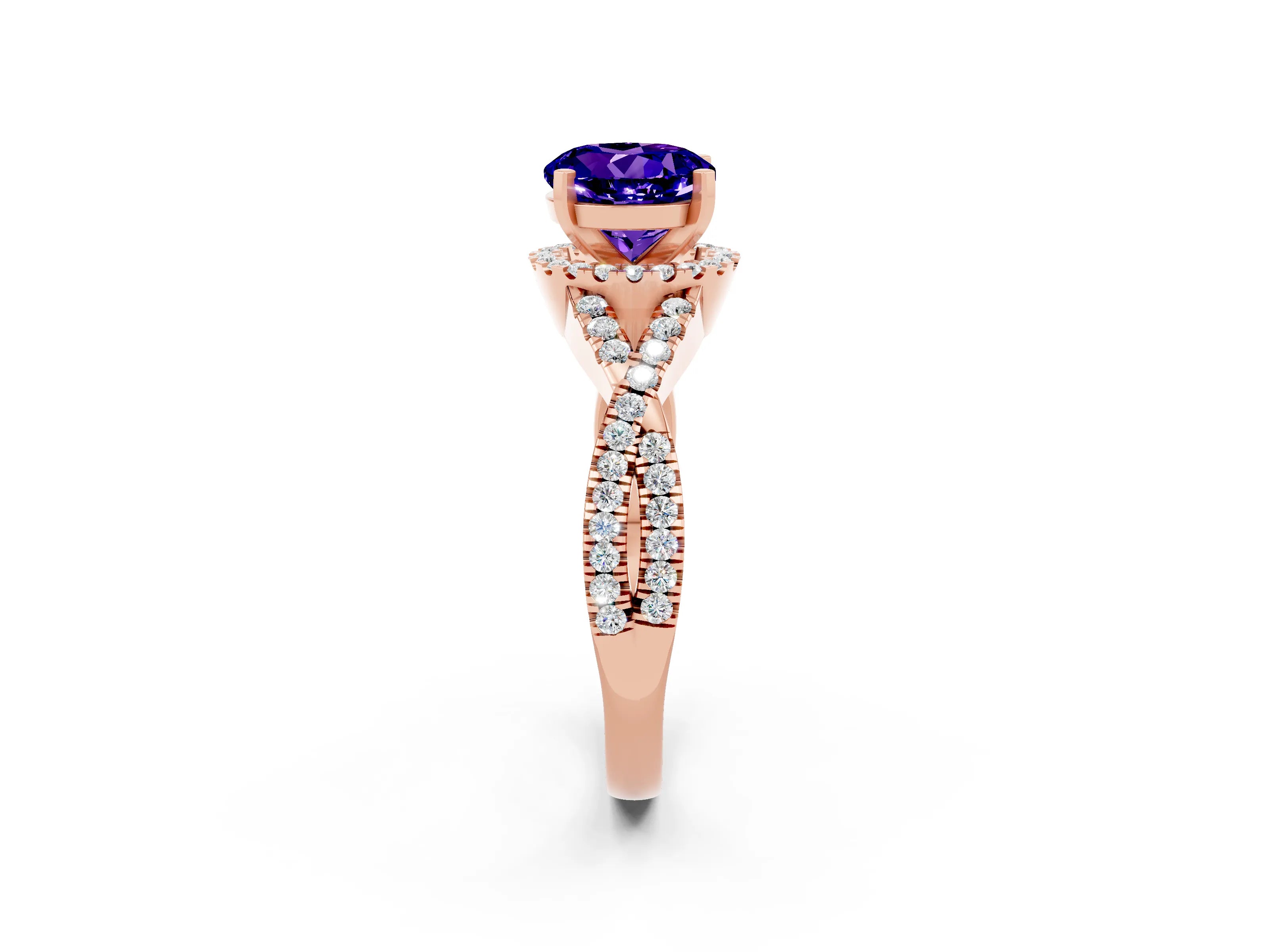 Rose gold Round Cut Tanzanite Halo Twist Band Solitaire Prong Setting Ring_2