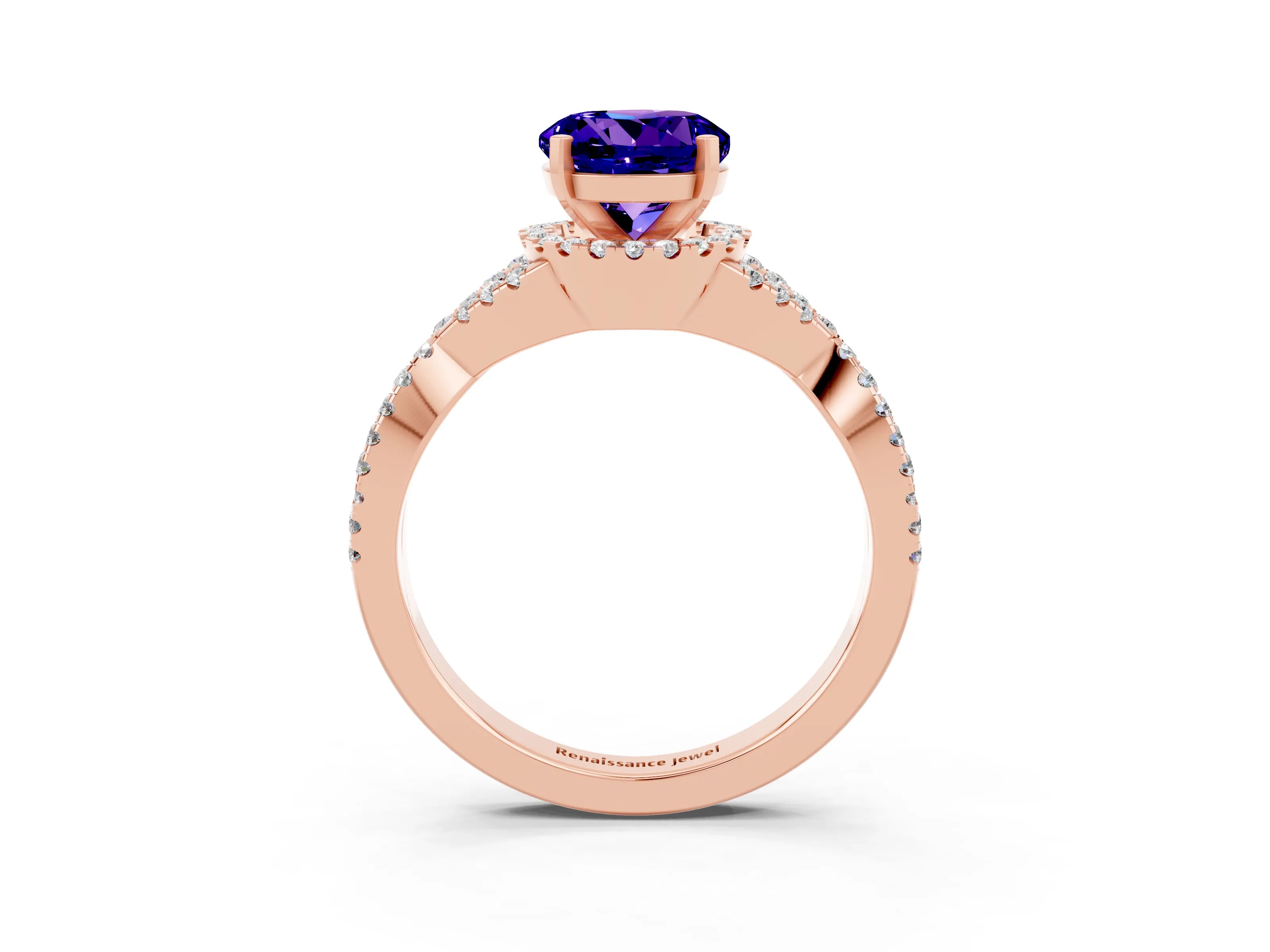 Rose gold Round Cut Tanzanite Halo Twist Band Solitaire Prong Setting Ring_3