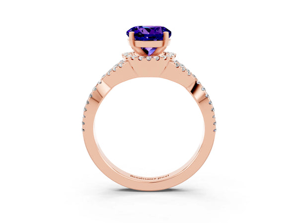 Rose gold Round Cut Tanzanite  Halo Twist Band Solitaire Prong Setting Ring