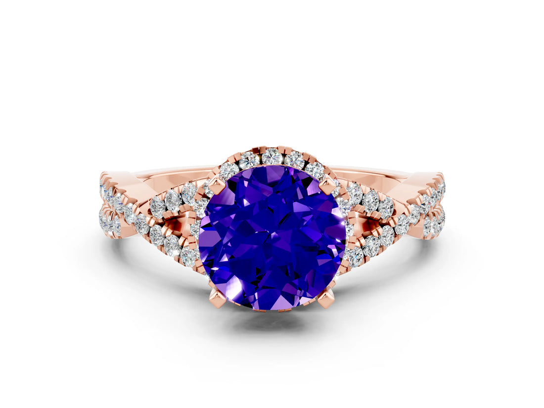 Rose gold Round Cut Tanzanite  Halo Twist Band Solitaire Prong Setting Ring_36