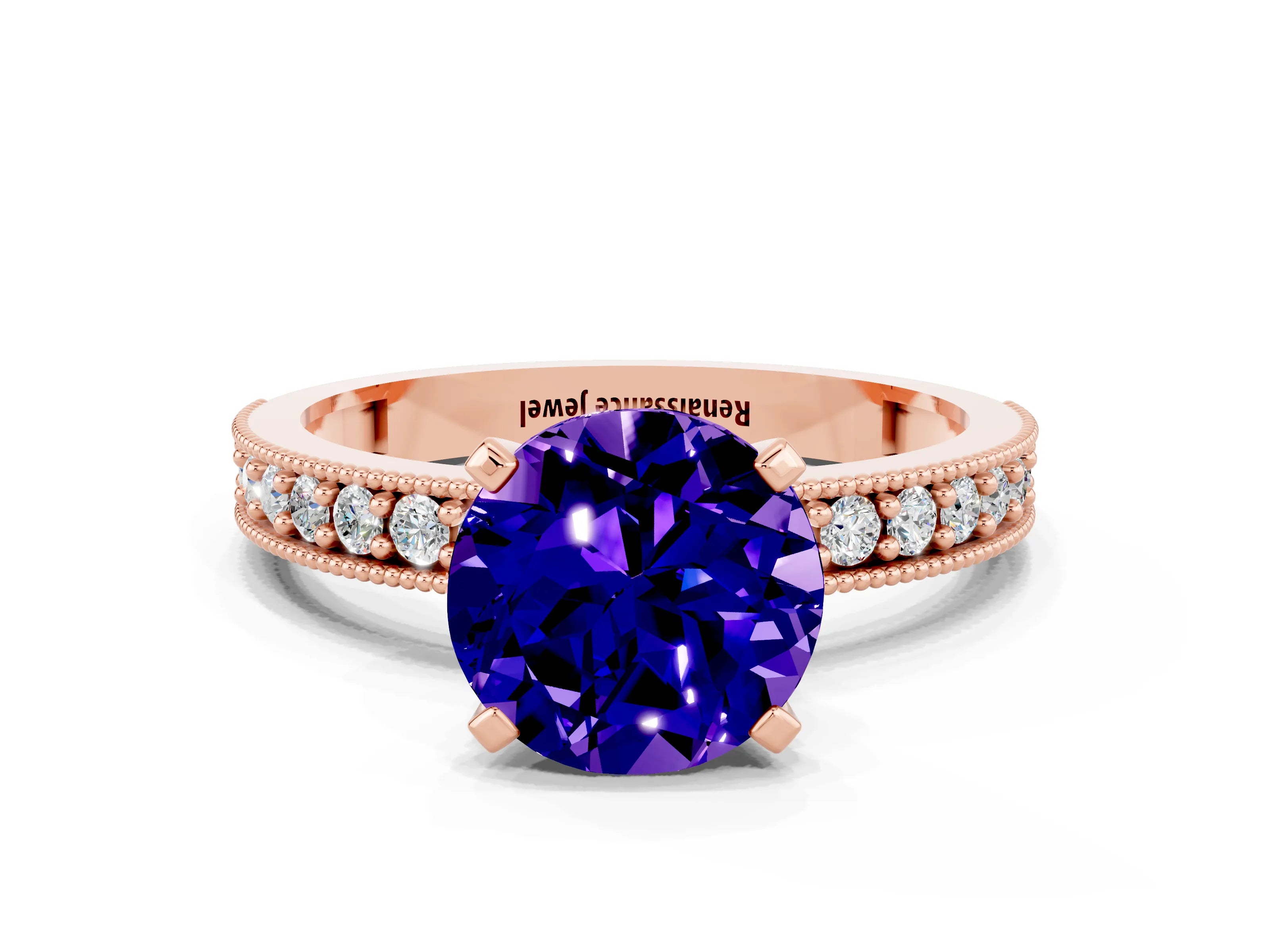 Rose gold Round Cut Tanzanite Milgrain Pavé Engagement Ring with Four-Prong Setting
