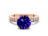 Rose gold Round Cut Tanzanite Milgrain Pavé Engagement Ring with Four-Prong Setting