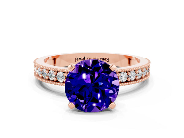 Rose gold Round Cut Tanzanite Milgrain Pavé Engagement Ring with Four-Prong Setting