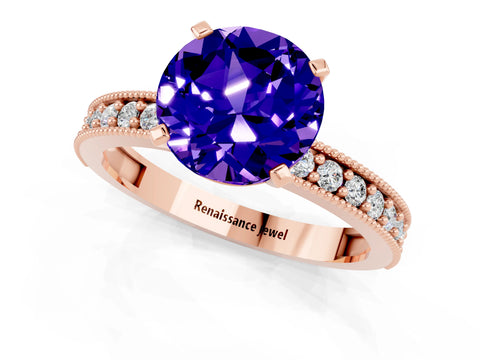 Rose gold Round Cut Tanzanite Milgrain Pavé Engagement Ring with Four-Prong Setting_1
