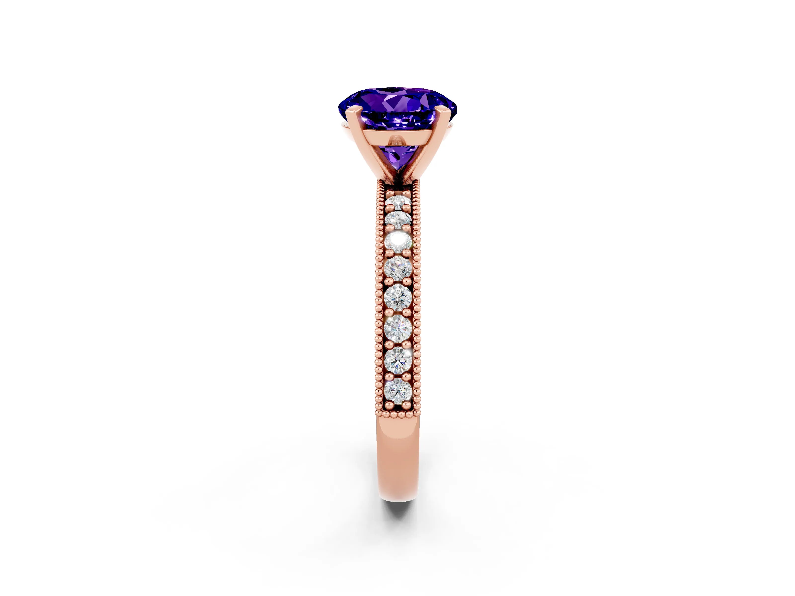 Rose gold Round Cut Tanzanite Milgrain Pavé Engagement Ring with Four-Prong Setting_2