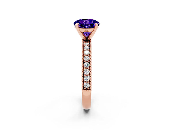 Rose gold Round Cut Tanzanite Milgrain Pavé Engagement Ring with Four-Prong Setting
