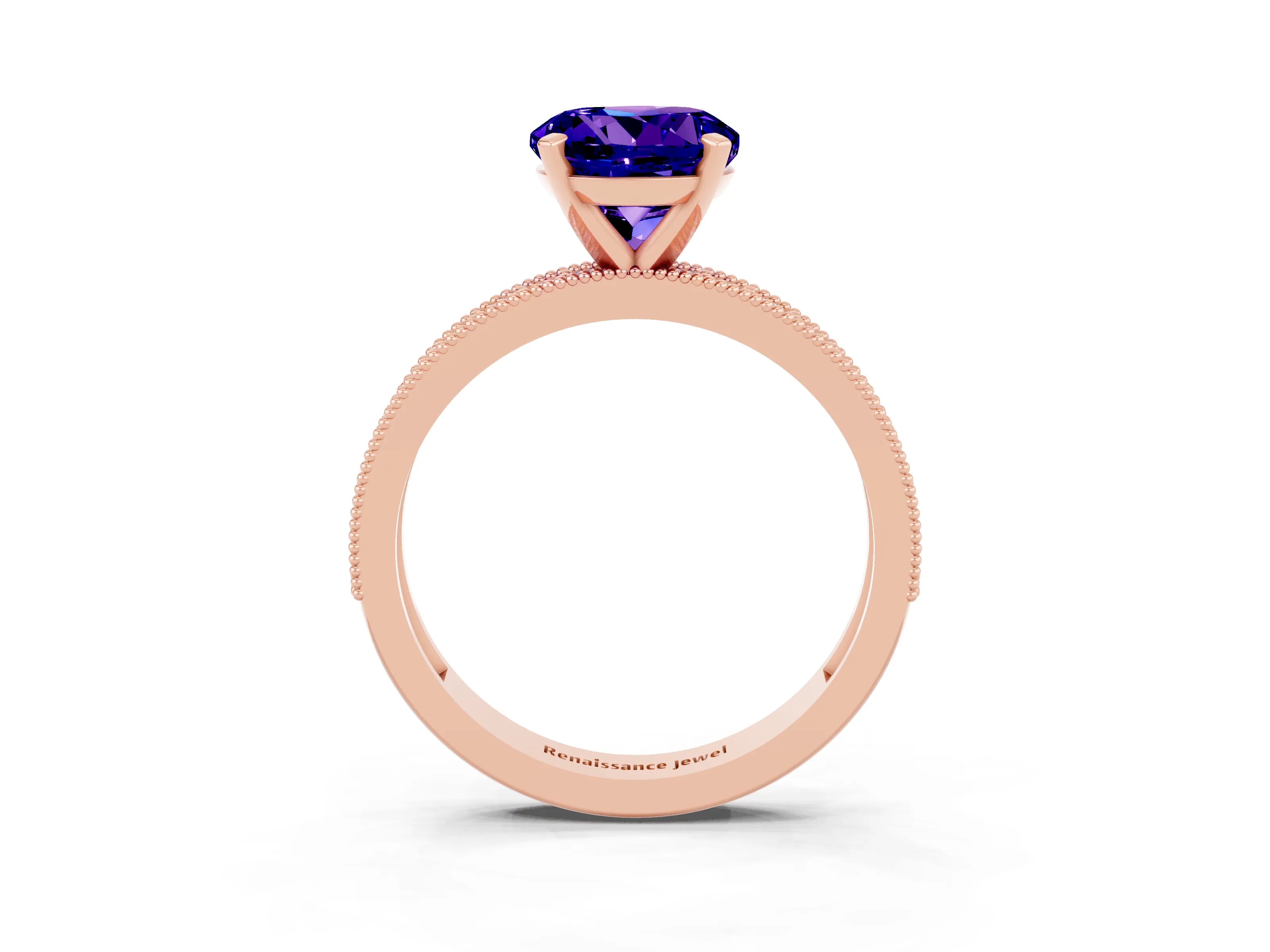 Rose gold Round Cut Tanzanite Milgrain Pavé Engagement Ring with Four-Prong Setting_3