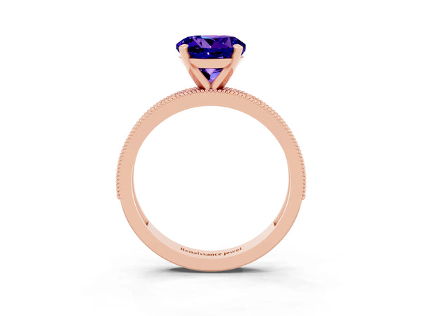 Rose gold Round Cut Tanzanite Milgrain Pavé Engagement Ring with Four-Prong Setting