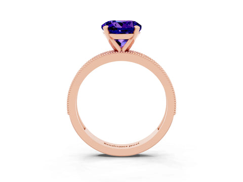 Rose gold Round Cut Tanzanite Milgrain Pavé Engagement Ring with Four-Prong Setting_3