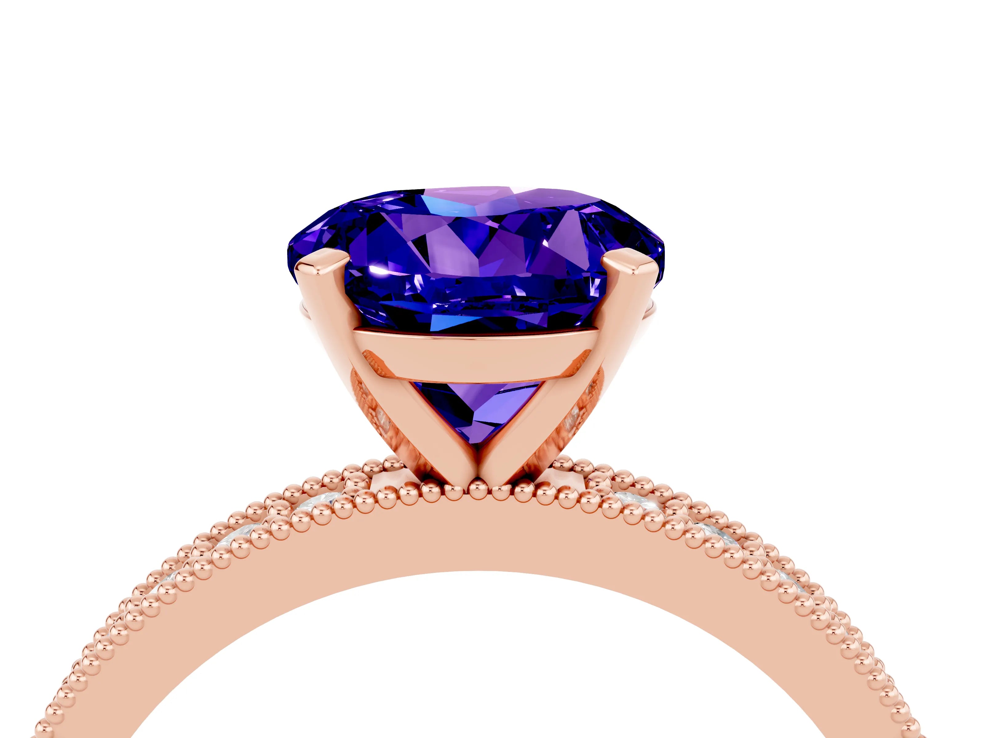 Rose gold Round Cut Tanzanite Milgrain Pavé Engagement Ring with Four-Prong Setting_4